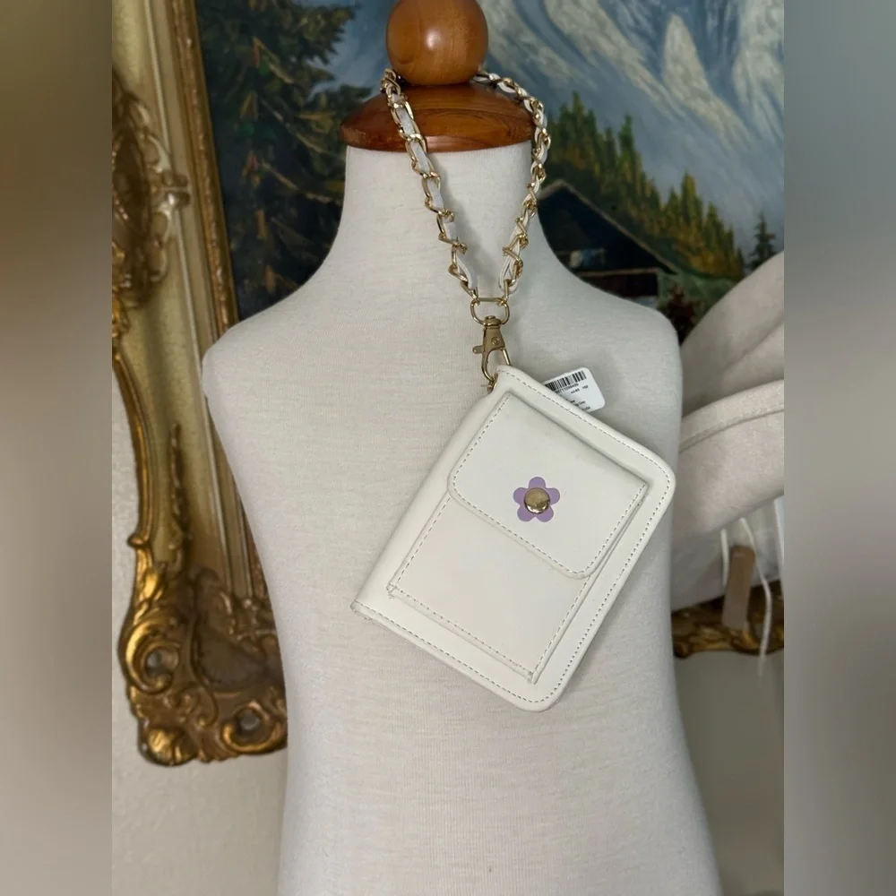 White Wallet with Gold Chain and Purple Flower NWT
